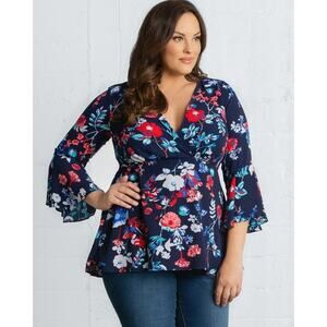 Kiyonna Top Ava Bell Style Red White Blue Floral Size 1X Empire Waistline Lined